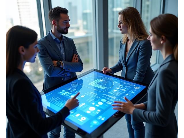 Professionals collaborating around a data visualization on a tablet, symbolizing strategic HR consulting for organizational excellence