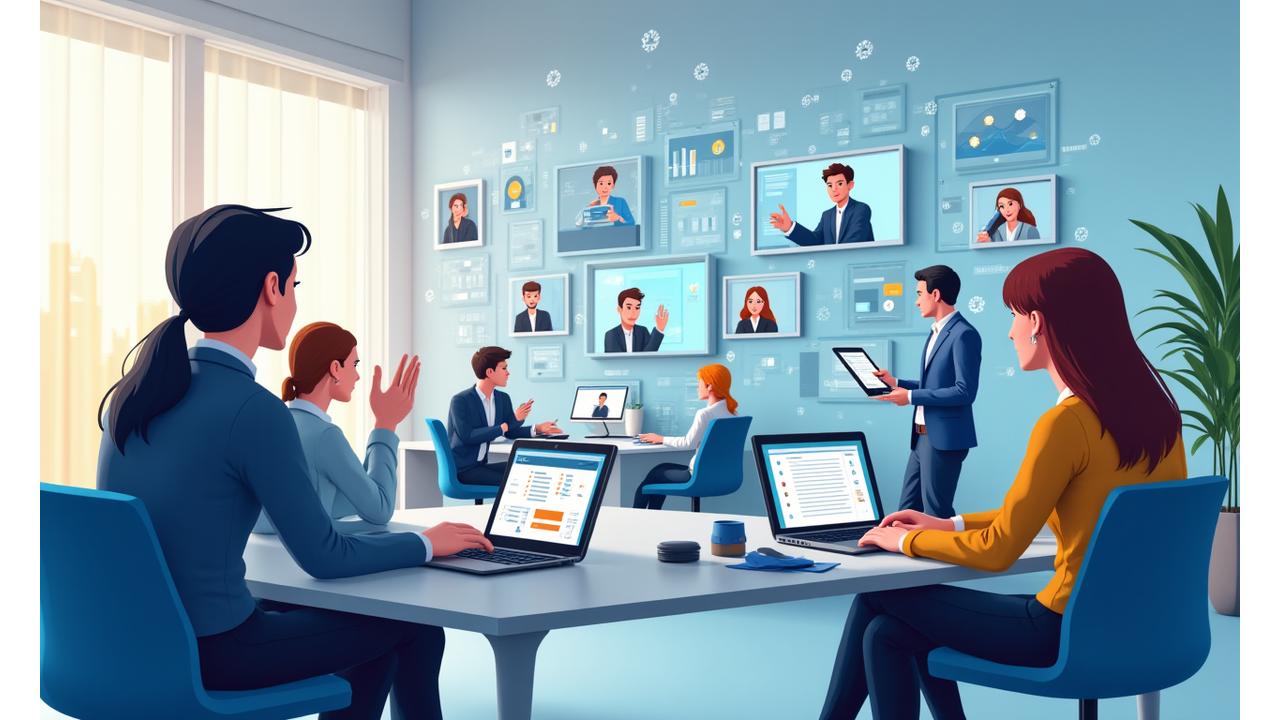 Diverse team collaborating virtually across different locations, showcasing seamless remote work infrastructure.